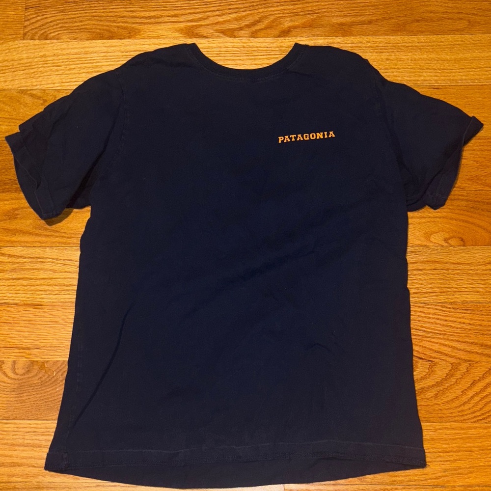 Patagonia Men's Dark Blue Tee with Orange Logo